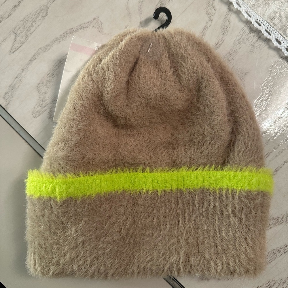 🔔BCBGeneration Fuzzy Tan Beanie with Neon Yellow Stripe
